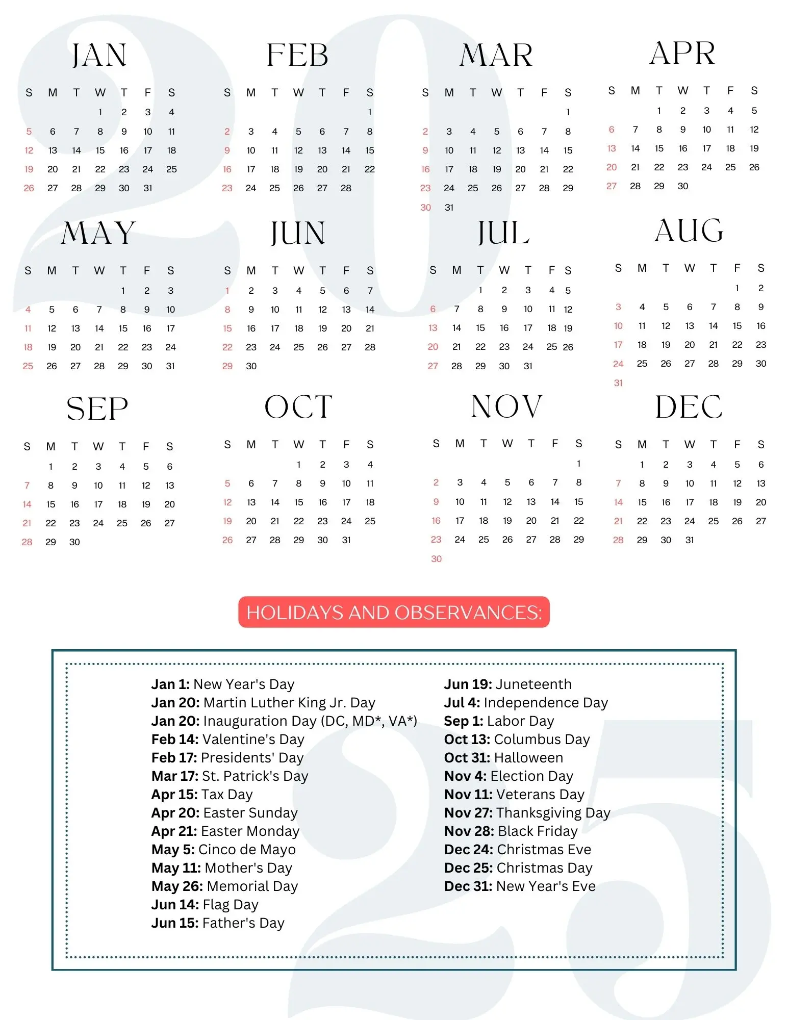 2025 Calendar USA With Holidays- Portrait